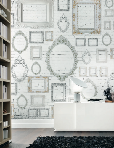Brick Wall with Vintage Mirrors Design Wallpaper